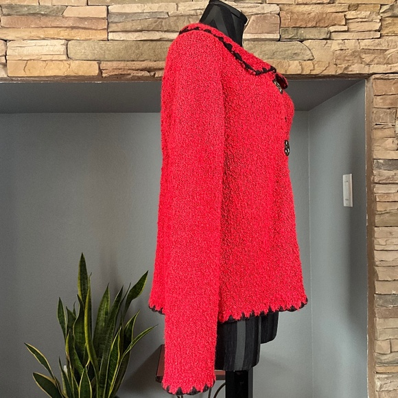 Soft Cozy Boucle Knit Pop of Red Cardigan Sweater Art to Wear Funky Quirky L - Picture 5 of 9